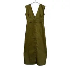 【M】深Vネック フロントボタン ジャンパースカート カーキ ロングワンピース