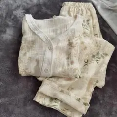 パジャマ長袖Lレディース上下セット夏春秋冬ダブルガーゼ長パンツ春夏秋冬寝巻き