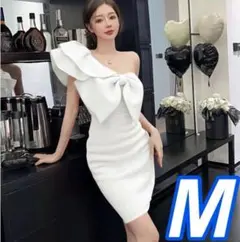 キャバドレス・ワンショルダー・リボン・ドレス・ワンピース・セクシー・白・ M
