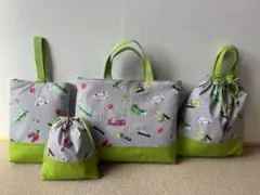 入園 入学用品 4点セット はたらく車 ストライプ柄 グレー ×黄緑色