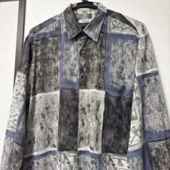 古着 総柄シャツ レーヨン とろみ 幾何学模様 レトロ ネイビー ゆる 