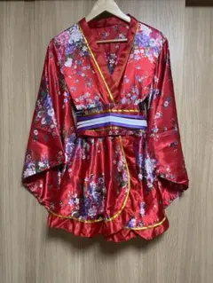 花柄 和風 ミニ丈 着物風 コスプレ 赤 帯付き フリーサイズ