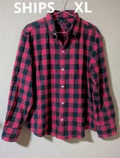 SHIPS赤と黒のチェックネルシャツXL
