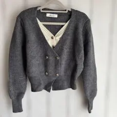 シーイン　ダブルボタン　グレー Vネック カーディガン　重ね着風