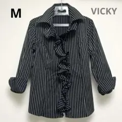 プレミアムバイビッキー フリル ストライプ シャツ ブラウス ブラック M 美品のサムネイル