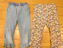 Petitmain デニムと花柄のキッズパンツ2点セット