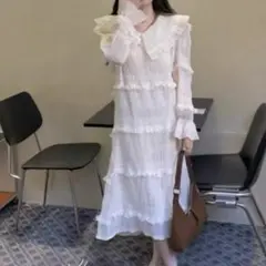 新品✨MiDuoDuo ビッグ襟 フリルワンピース 白 ティアード 2way韓国