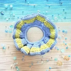 シュシュ 青 緑 コットン ハンドメイド かぎ針編み