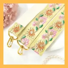 ショルダーストラップ【イエロー✕オレンジフラワー】インド刺繍　スマホストラップ