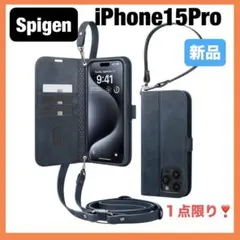 Spigen iPhone15Pro ケース カバー 手帳型 耐衝撃 ネイビー