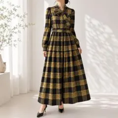 美品 ダイアグラム ボウタイ チェック ティアード ロングワンピース ベルト36 美品 ダイアグラム ボウタイ チェック ティアード ロングワンピース