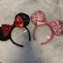 【人気・2個セット】ミニー スパンコール カチューシャ（ピンク×ブラック）