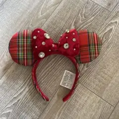 ミニーマウス耳カチューシャ 赤 チェック柄