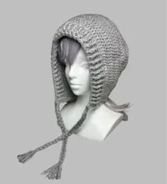 バラクラバ ボンネット フード帽 ニット帽 ハンドメイド グレー 灰色