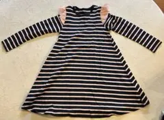 キッズ ストライプ柄フリル付き長袖ワンピース 130cm