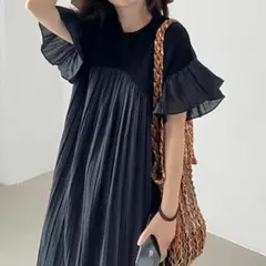 F体型カバー着痩せフリル袖プリーツ切り替えフレアロングワンピースマキシ丈◯