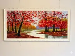 秋の風景画 額装品 紅葉と川の絵画　刺繍画（絹糸の工芸品・ファブリックアート） 秋の風景画 額装品 紅葉と川の絵画 刺繍画（絹糸の工芸品