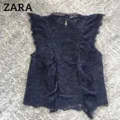 ZARA ザラ　トップス　レース　花柄　半袖　レディース　ネイビー　M