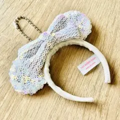 ディズニー　カチューシャ　キーホルダー　ミニー　リボン　シルバー　スパンコール