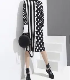 【未使用】長袖シャツワンピース　ドット柄　ストライプ　モノトーン