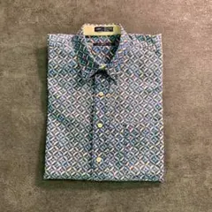 【ENRO】総柄　デザイン90'sシャツ　コットン　ブルー　古着usedSM23