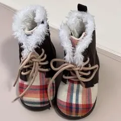 子供用　ファー付きチェック柄ブーツ　13cm