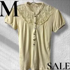 「即日発送」M 薄黄色　フリルレース襟付きクリーム色半袖シャツ