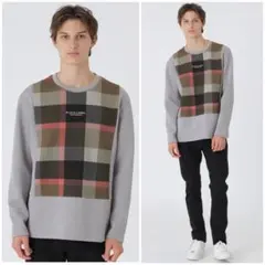 新品ブラックレーベル　チェック柄で切り替えたニットライクなデザインカットソー　L