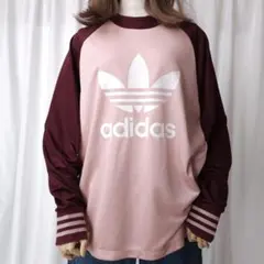adidas トレフォイル ロンT ピンク ボルドー XOT 3ストライプ 古着