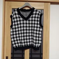 大きいサイズチェック柄 Vネック ノースリーブ ニットベスト