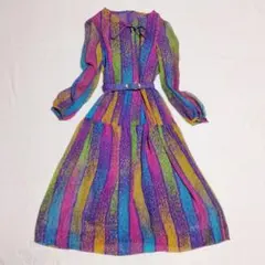 ヴィンテージ 総柄 マルチカラー ワンピース ベルト付き レトロ 個性 派手 ✨