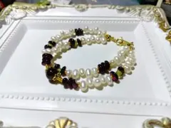 淡水パール と ガーネット の 2連ブレスレット