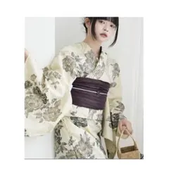 utatane 浴衣・帯セット 変わり織り浴衣ピンクベージュとグレーの染め分け菊 utatane 浴衣・帯セット 変わり織り浴衣ピンクベージュとグレーの