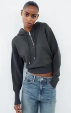 ZARA ザラ クロップド ハーフジップ ニット パーカー グレー