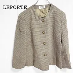 LEPORTE【F】ノーカラージャケット グリーン系 ボタン 昭和レトロ 総柄