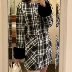 ファージャケット ミニスカート チェック柄 ツイードセットアップ ta090