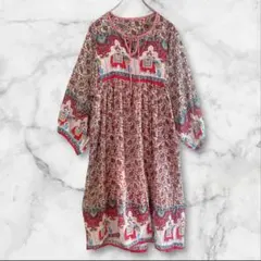 インド綿ワンピースチュニック花柄アジアンエスニックブ総柄ペイズリー柄ゾウ古着