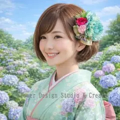 ピオニーのヘアクリップ　ゴールド　リボン　青緑　浴衣　 ミントカラー　ミント