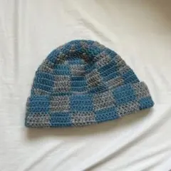 手編み ハンドメイド チェック柄ニット帽 ビーニー