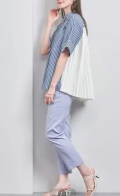 UNITED ARROWS バックプリーツ 五分袖 ブラウス ストライプのサムネイル