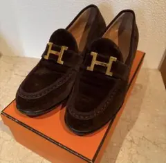 HERMES スエード Hロゴ ローファー ダークブラウンのサムネイル
