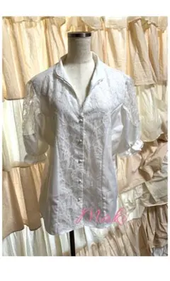 ヴィンテージ品　レースパール装飾　純白半袖ブラウス