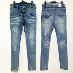 【新品】ダブルウエストストレッチダメージ加工キニージーンズM(L〜)