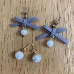 ピアス　コットンパール　リボン　２組セット