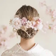 成人式髪飾り　振袖髪飾り　卒業式　袴　ピンク　白ゴールド　水引　金箔　リボン