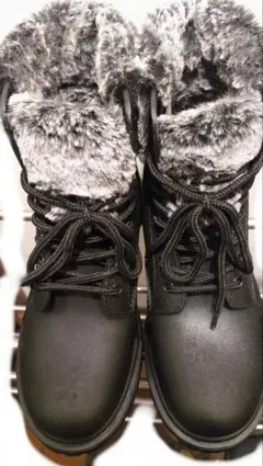 内側起毛 ファー ブーツ 黒 合皮 ショートブーツ