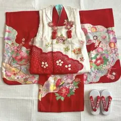 七五三 3歳 絞り 被布 着物 絹 三歳 赤 草履 753 女の子 子供着物 白