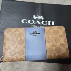 COACH長財布シグネチャーデニムジャガード.ストライブ.ブルー男女兼用