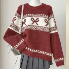 リボン柄 赤 セーター Mサイズ