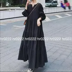 ティアードボリュームキーネックロングワンピース★シャツワンピース 長袖 Vネック